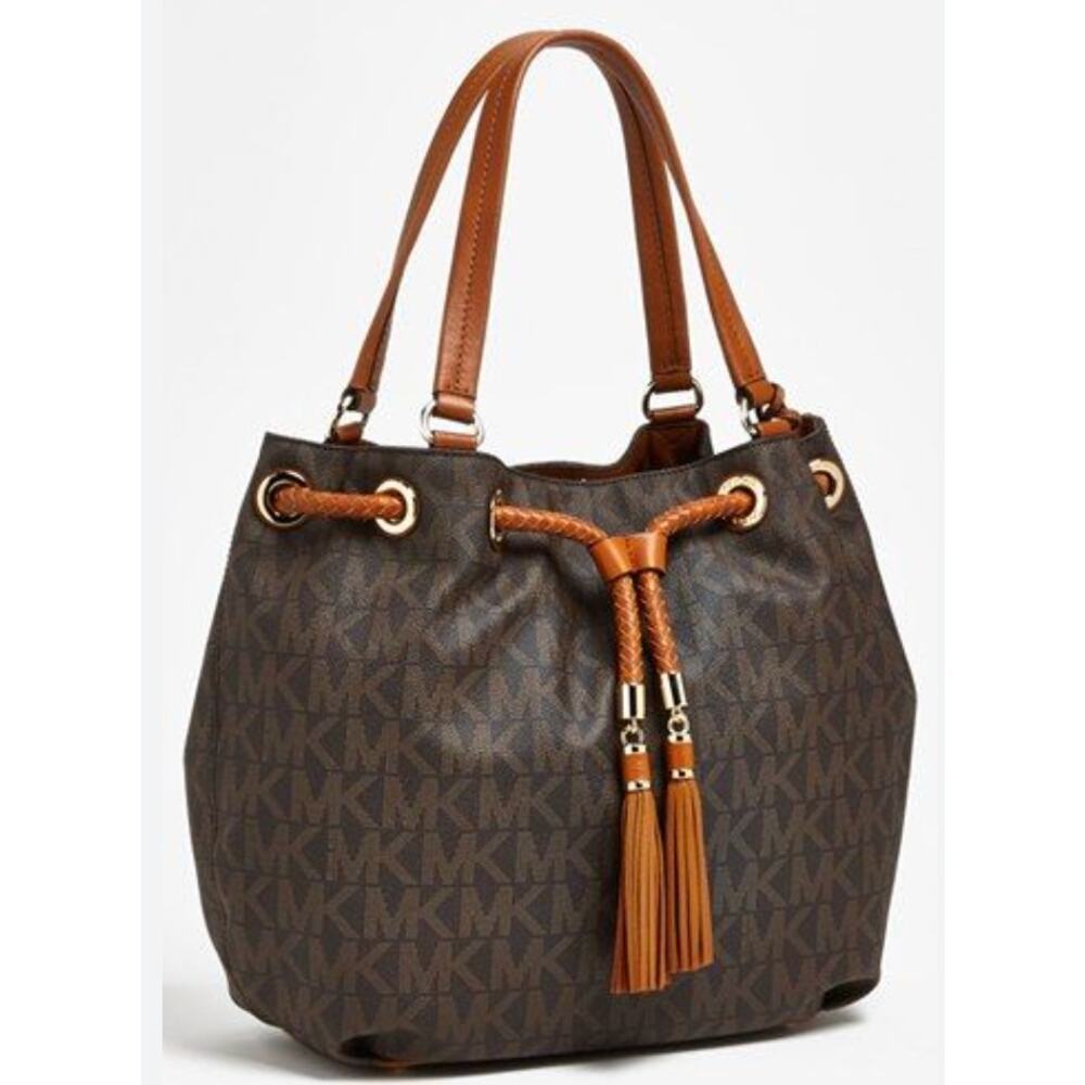 Michael Kors MK Jet Set Signature Fringe Tassel Logo Large Hobo Bag Purse Brown
